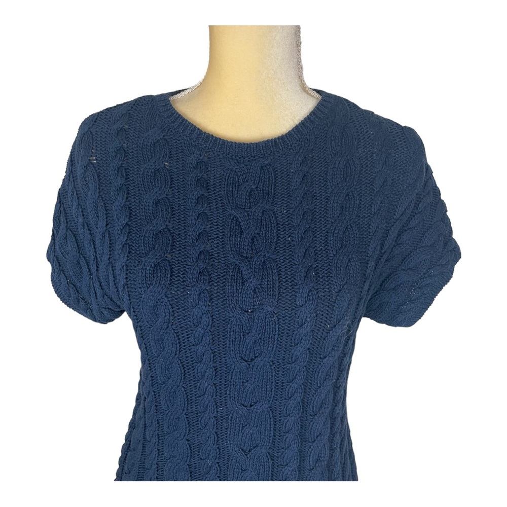 Land's End Short Sleeve Cotton Navy Cable Knit Sweater Size Small - Picture 2 of 7
